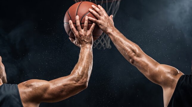 Close up of muscular basketball players arms reaching for the ball mid air during intense game in dark stadium