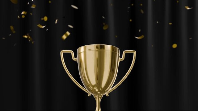 3d realistic gold trophy cup zooming in with falling confetti. Golden metallic award symbol approaching on black curtains theater background for cinema festival and grand gala victory