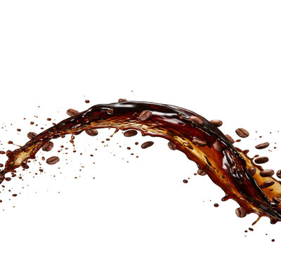 Dark coffee arc splash with floating roasted coffee beans, isolated on transparent background