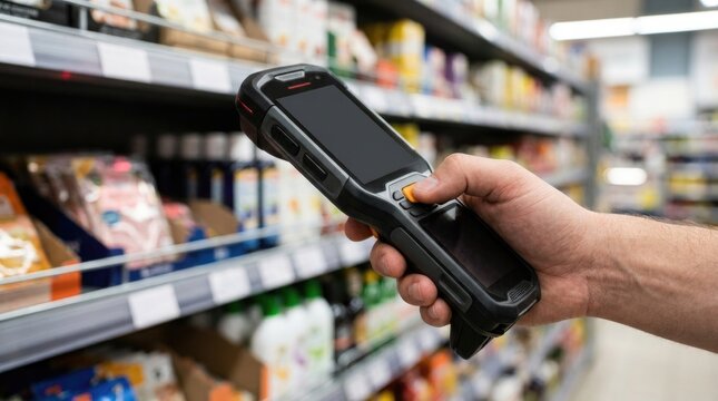 Modern handheld inventory scanner naturally operated by a human hand inside a retail store, inventory device dominating the composition, organized retail shelving softly blurred behind, ultra realist