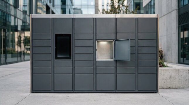 Modern parcel locker with one open empty compartment ready for package collection, parcel locker occupying most of the frame, clean architectural surroundings softly blurred, ultra realistic, premium