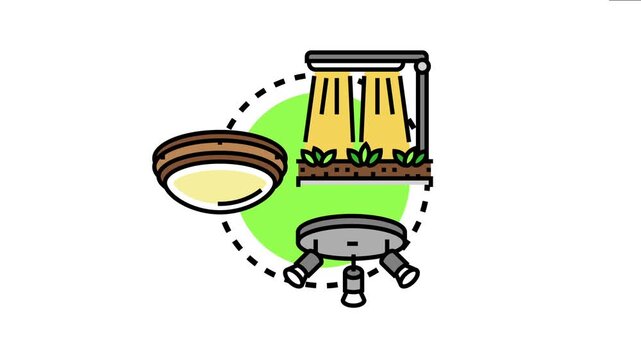 Vector depicting various radiant outdoor lighting solutions. Including a street lamp illuminating plants. A ceiling fixture. And a multi head spotlight