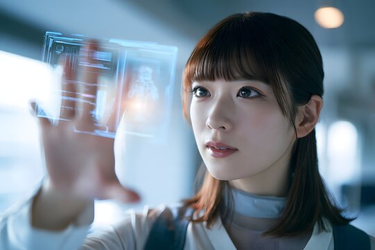 Young Japanese woman reaching toward a floating screen