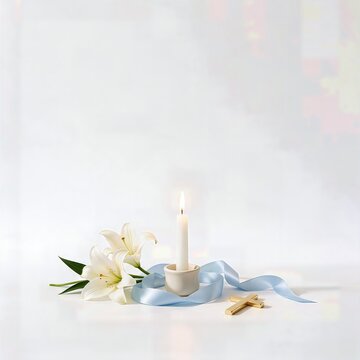 White Candle with Lily Flowers and Blue Ribbon