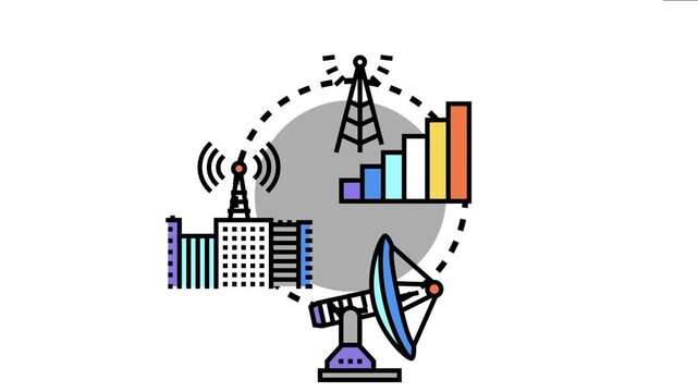 Communication technology elements like a tower. Parabolic antenna. And buildings are sending radio waves. Symbolizing network connection. Data transmission