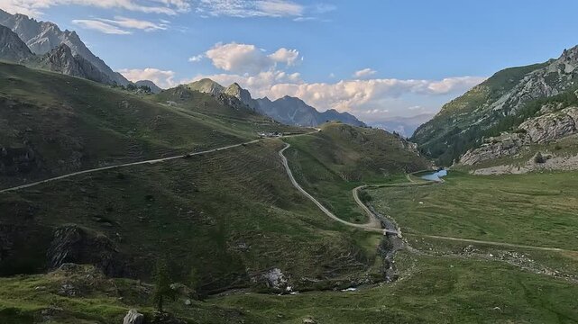 Valley and track below Rocca la Meja at Colle del Preit, Canosio, Valle Maira, Cuneo, Piedmont, Italy, Europe