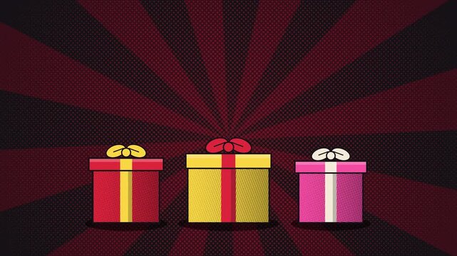 Pop Art Gift Boxes Popping Open with Confetti on Sunburst Loop