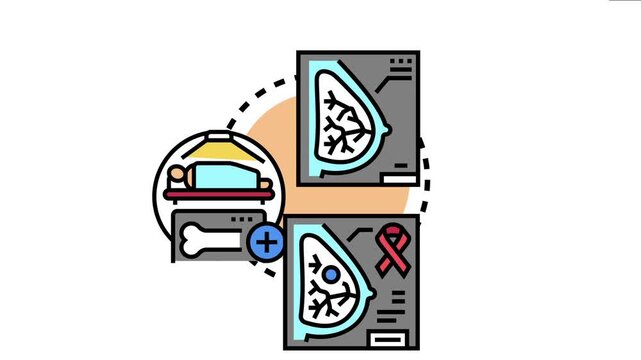 Medical showcasing the stages of breast cancer screening, including diagnostic imaging and identifying potential abnormalities with a red ribbon symbol