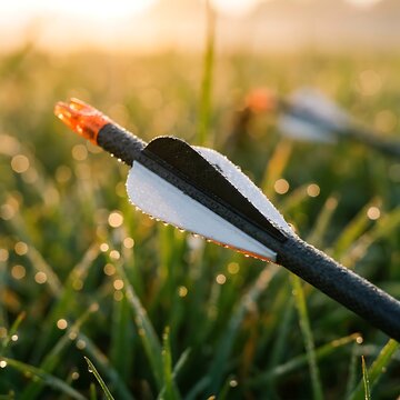 Hunting arrow fletching with dew drops outdoors