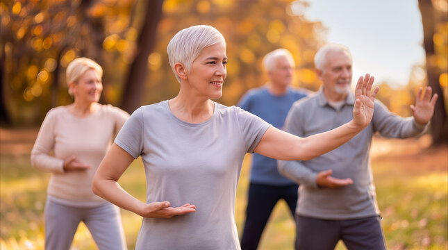 Group of active seniors practicing tai chi together in autumn park during morning fitness workout.