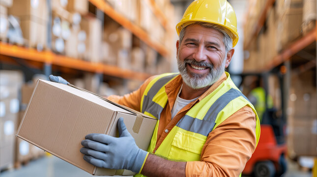 Cheerful employee carrying cardboard carton for shipping in modern distribution center.