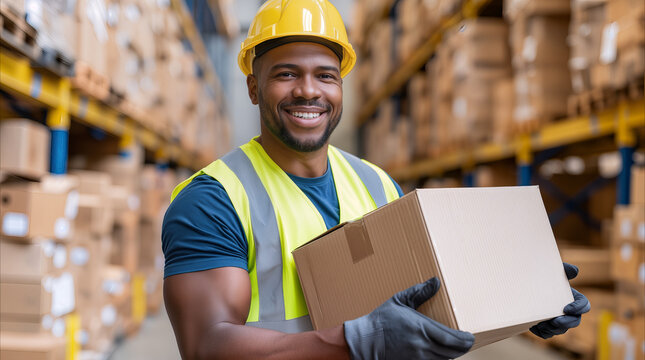 Storekeeper holding cardboard package in fictional logistics center with tall storage racks.