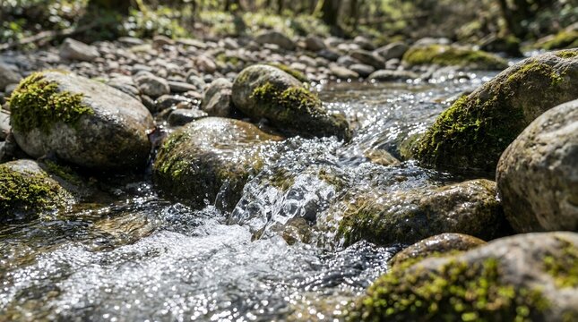 Moss Covered Rocks in a Flowing Forest Stream.