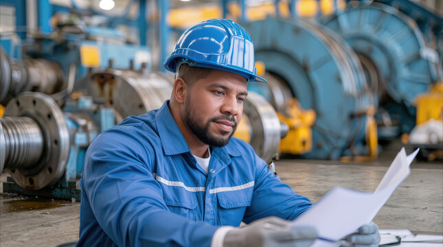 Assembly worker in hardhat reading blueprint documents on workshop floor inside heavy machinery plant.