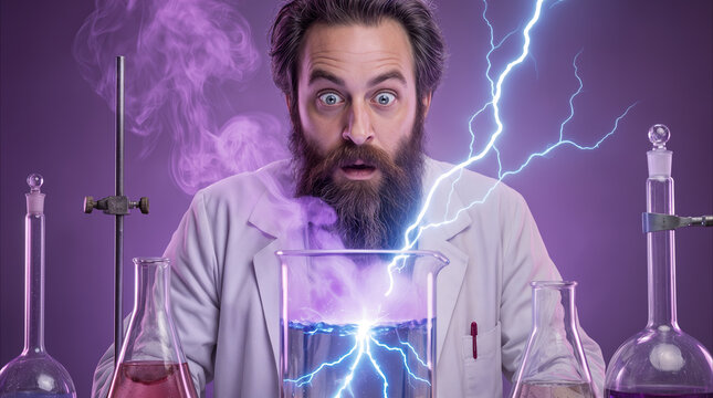 Surprised researcher observing electric spark discharge and purple vapor during chemistry experiment in science laboratory.
