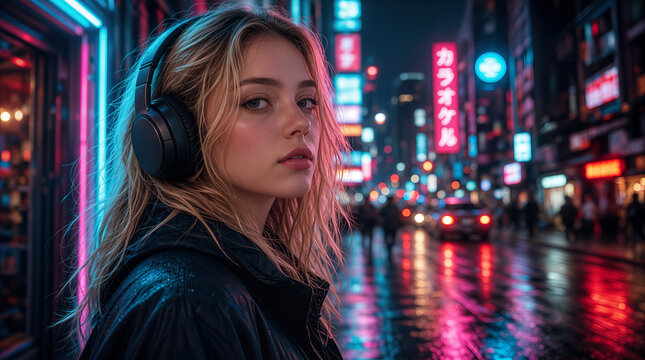Headphones worn by blonde young woman standing on wet city street under vibrant neon illumination at night.