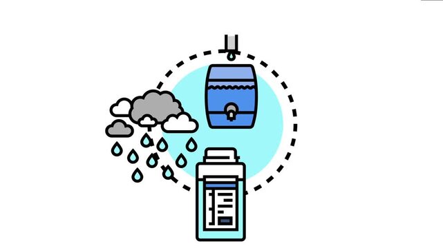Rainwater collection system conservation of natural resources, harvesting water from clouds for reserve in a barrel and bottle, symbolizing ecological and sustainable practices