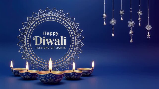 Happy diwali greeting with traditional oil lamps on blue background