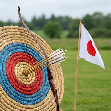 Archery target with bow and arrows in a field