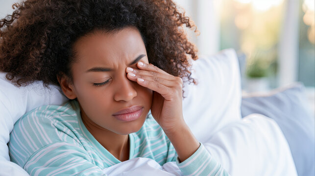 Waking up with a painful headache in bedroom, tired Black female touches irritated eye while resting against soft white pillows.