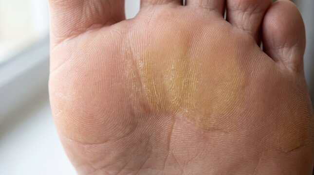 Close-up of human foot sole showing thick dry callus skin. Medical condition and dermatology care for podiatry treatment, selfcare routines, and foot health awareness.