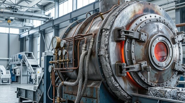 Rotary smelting furnace melting recycled scrap aluminum. Industrial metal recycling and processing facility