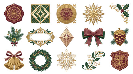 Luxury Christmas ornament set, vintage festive badges, holly pinecone bells, gold red winter icons, decorative holiday vector collection isolated on White Background chrismas eps greetings © Hasina