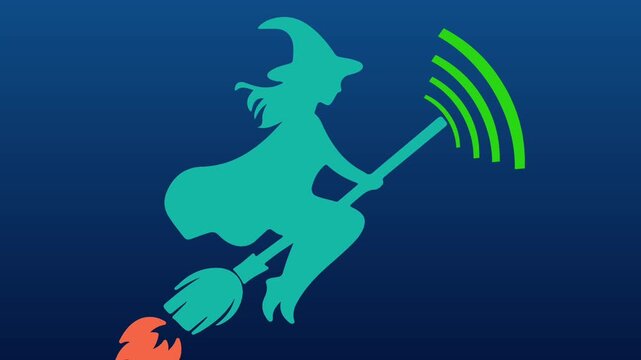 Animated High Speed Wi-Fi Flying Witch Vector Icon on Dark Blue Background with Rocket Flame