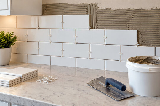 White subway tile backsplash half installed with spacers and notched trowel - kitchen backsplash tiling and remodeling