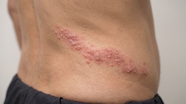 Close up of localized shingles rash with vesicles along lateral torso dermatome