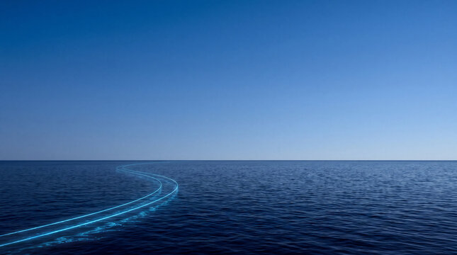 Calm Deep Blue Ocean at Blue Hour with Two Curved Glowing Cyan Light Trails and Minimalist Seascape