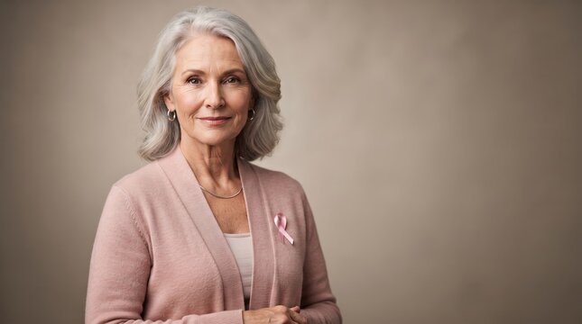 Senior woman wearing a pink ribbon for breast cancer awareness. Supportive healthcare campaign messaging for wellness, medical advocacy, survival, and charitable fundraising initiatives.