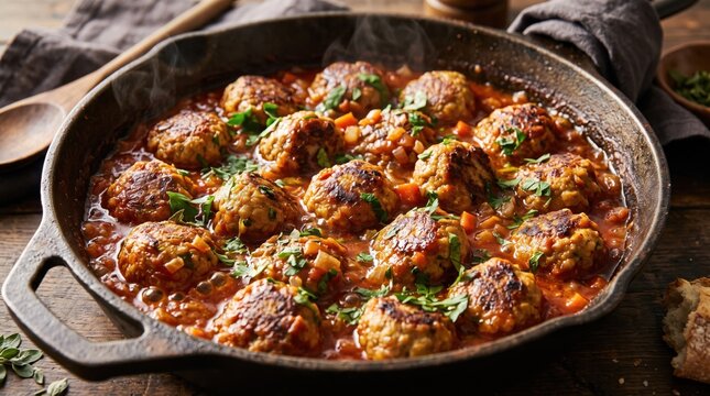 Delicious homemade meatballs in rich tomato sauce simmering in a cast iron skillet. Appetizing comfort food dish for family dinner recipes, restaurant menus, and culinary content.