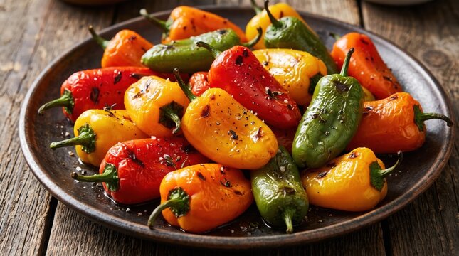 Roasted miniature bell peppers on a rustic wooden table. Healthy gourmet plantbased side dish for culinary blogs, restaurant menus, and organic food advertising.