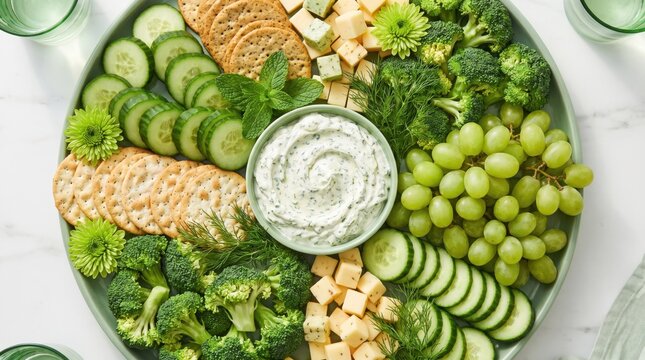 Vegetable platter with dip, crackers, cheese, and fresh produce on a tray. Healthy entertaining spread for social gatherings, parties, casual dining, and delicious wholesome snack sharing.