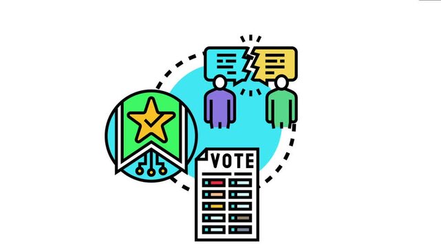 Ranked choice voting concept two people discussing electoral choices, a detailed ballot ranking multiple candidates, and a star medal representing election success and victory