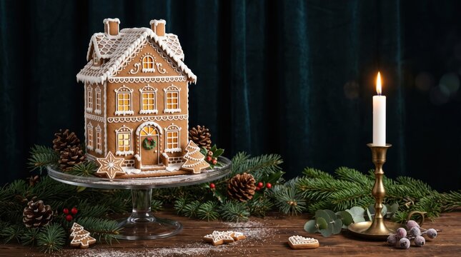 Gingerbread house on a glass stand with pine branches and a burning candle. Festive holiday home decor for cozy winter celebrations, Christmas traditions, and seasonal nostalgia.
