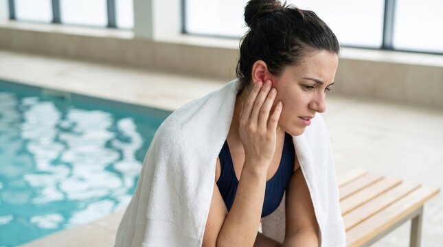 Woman touching her ear experiencing pain sitting by a swimming pool. Health issue and swimmer ear infection concept for medical awareness, wellness, and fitness lifestyle.