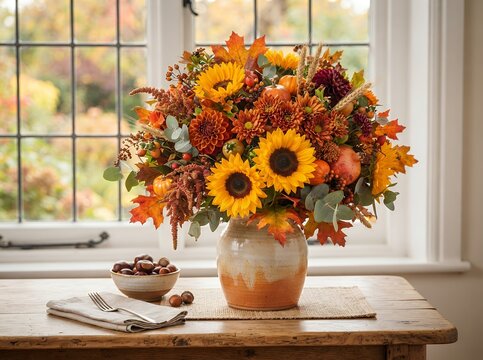 Vibrant Autumn Flower Arrangement with Sunflowers and Fall Leaves.