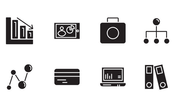 Minimalist business vector icon set, black corporate finance symbols collection, modern office and analytics graphic set