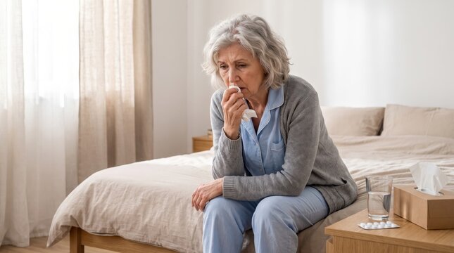 Elderly woman sitting on a bed holding a tissue with medicine on the bedside table. Healthcare and wellness concept illustrating senior health issues, seasonal illness, and medical care at home.