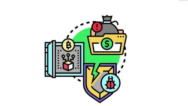 Cyber attack impacting cryptocurrency security, compromising financial assets and blockchain technology through malware, demanding ransom for accessed digital funds
