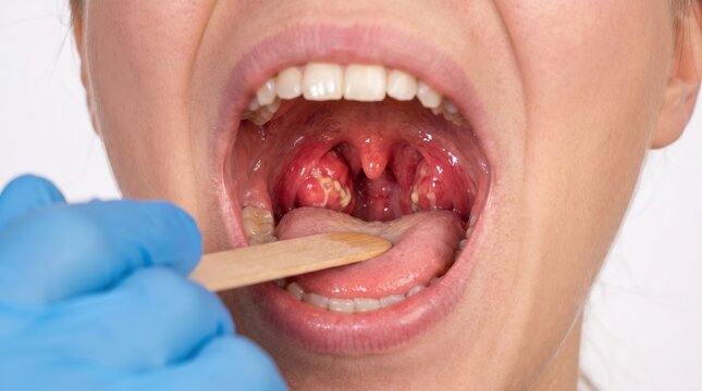 Close-up of a patient showing infected tonsils with white spots during medical examination. Professional healthcare imagery for medical diagnosis, illness awareness, pharmaceuticals, and.
