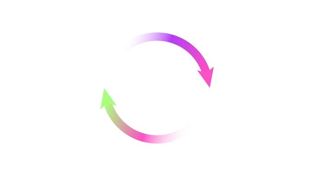 Smooth 4K looping animation of two large curved arrows rotating clockwise in a circular refresh symbol with glowing energy tails.