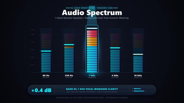 Audio spectrum sound visualizer with five vertical equalizer columns of varying heights and sequential neon spotlight highlight moving across bands in a seamless 10-second loop.