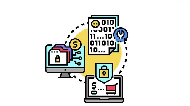 Cyber criminals demanding a cryptocurrency payment for decrypting locked digital files, depicting the exchange needed to recover access and data
