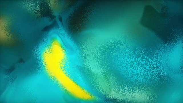 Cyan fluid fields disperse with glowing yellow accents in a calming 3D render under textured glass caustics, inspiring refreshing tranquility for wellness intros