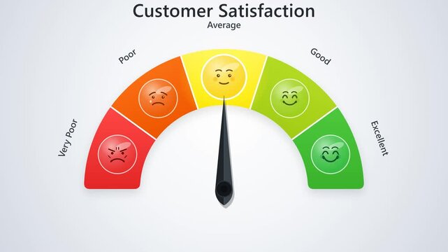 Customer satisfaction gauge meter with speedometer needle pointing sequentially to 5 rating stages very poor poor average good excellent in a seamless 10-second loop.