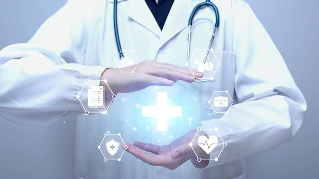 Doctor holding glowing medical  icon with digital healthcare interface for insurance and telemedicine concept