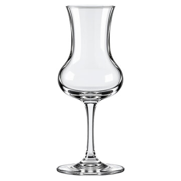Empty tulip shaped glassware isolated on transparent background, clear glass stemware for spirits. Barware, drinkware, hospitality, catering.